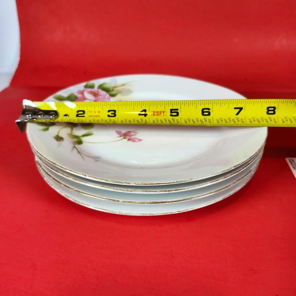 Vintage Hand Painted Nippon Plates Set of 4 Pink Roses Gold Rim Dining‎